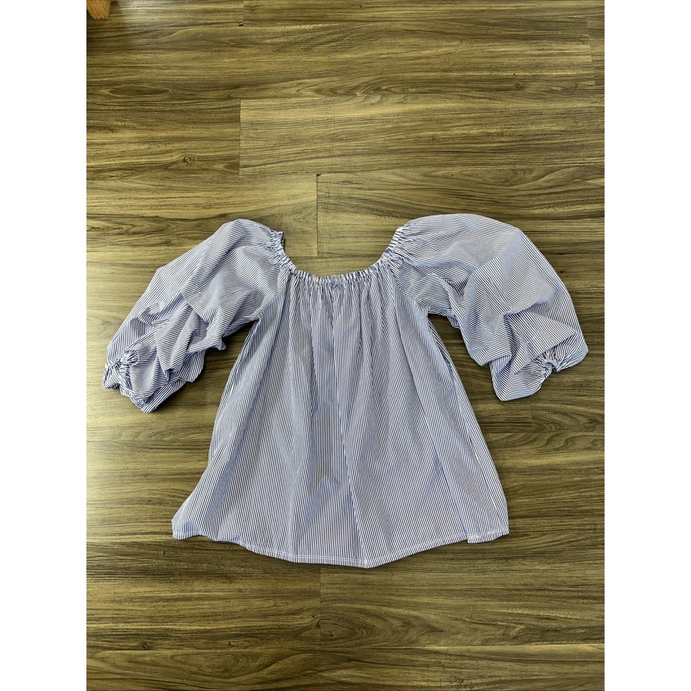 Arabella Baby Doll Puff Sleeve Blouse Blue Stripe Size XXL